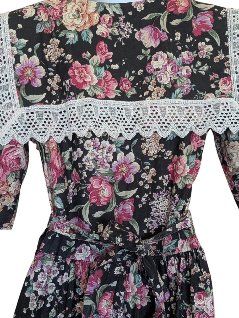 Vintage Robin Gayle Black Floral Midi Dress with Lace Trim Size 5 Cottagecore 80 - Picture 4 of 7
